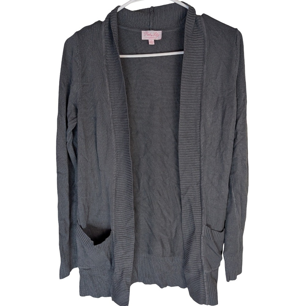Pink Lily Cardigan Women Size Small Gray Open Front Pocket Shawl Collar Knit New